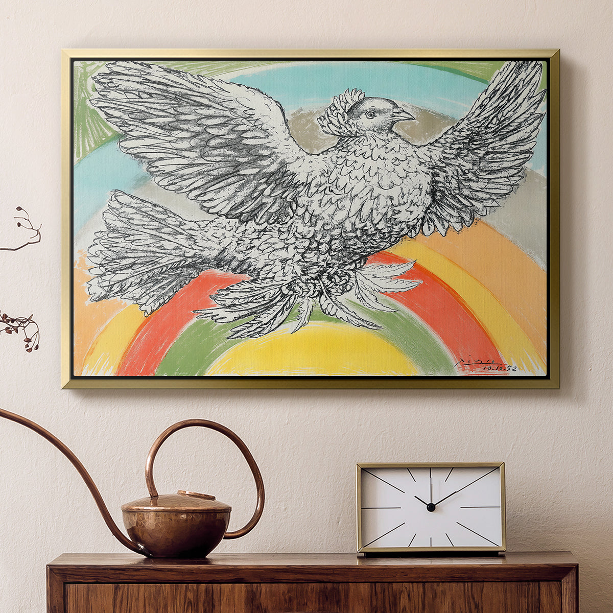 Flying Dove with Rainbow (Colombe volant à l'Arc-en-ciel), 1952 - Floater Framed Canvas Print