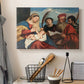 Canvas art print detailing a devotional composition with multiple saints surrounding central pair, displayed in a softly lit workspace setting
