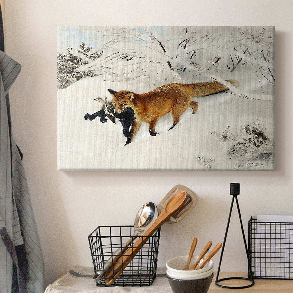 Canvas art print detailing a dynamic depiction of animal in cold snowy environment, displayed in a softly lit workspace setting