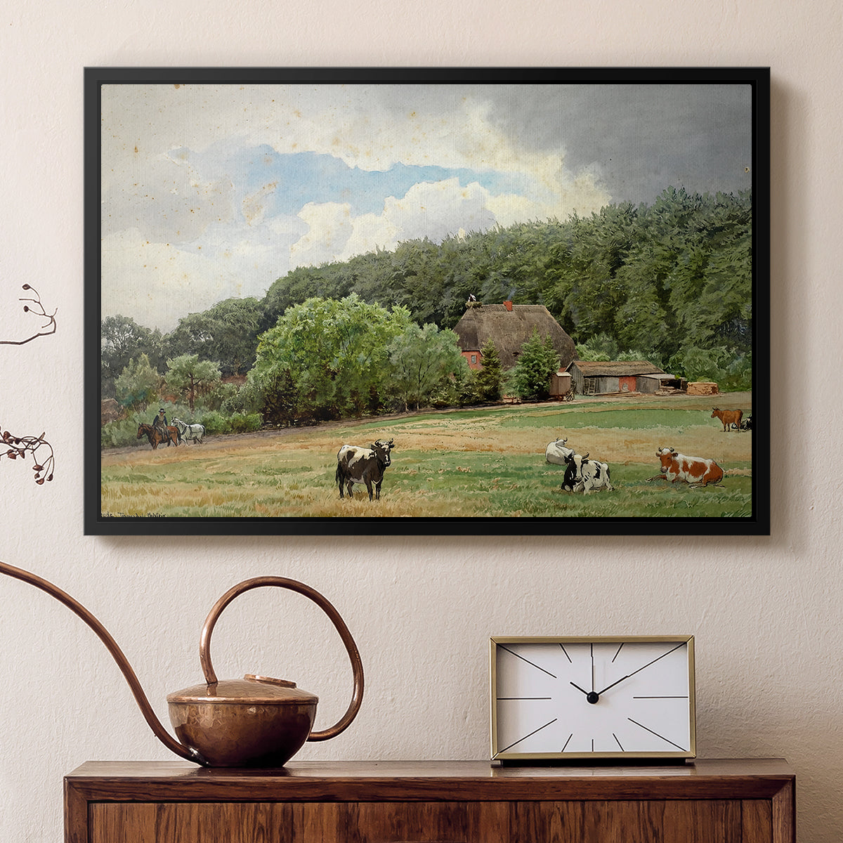 Farm with Grazing Cows (Bondegård med beitende kuer), 1892 - Floater Framed Canvas Print
