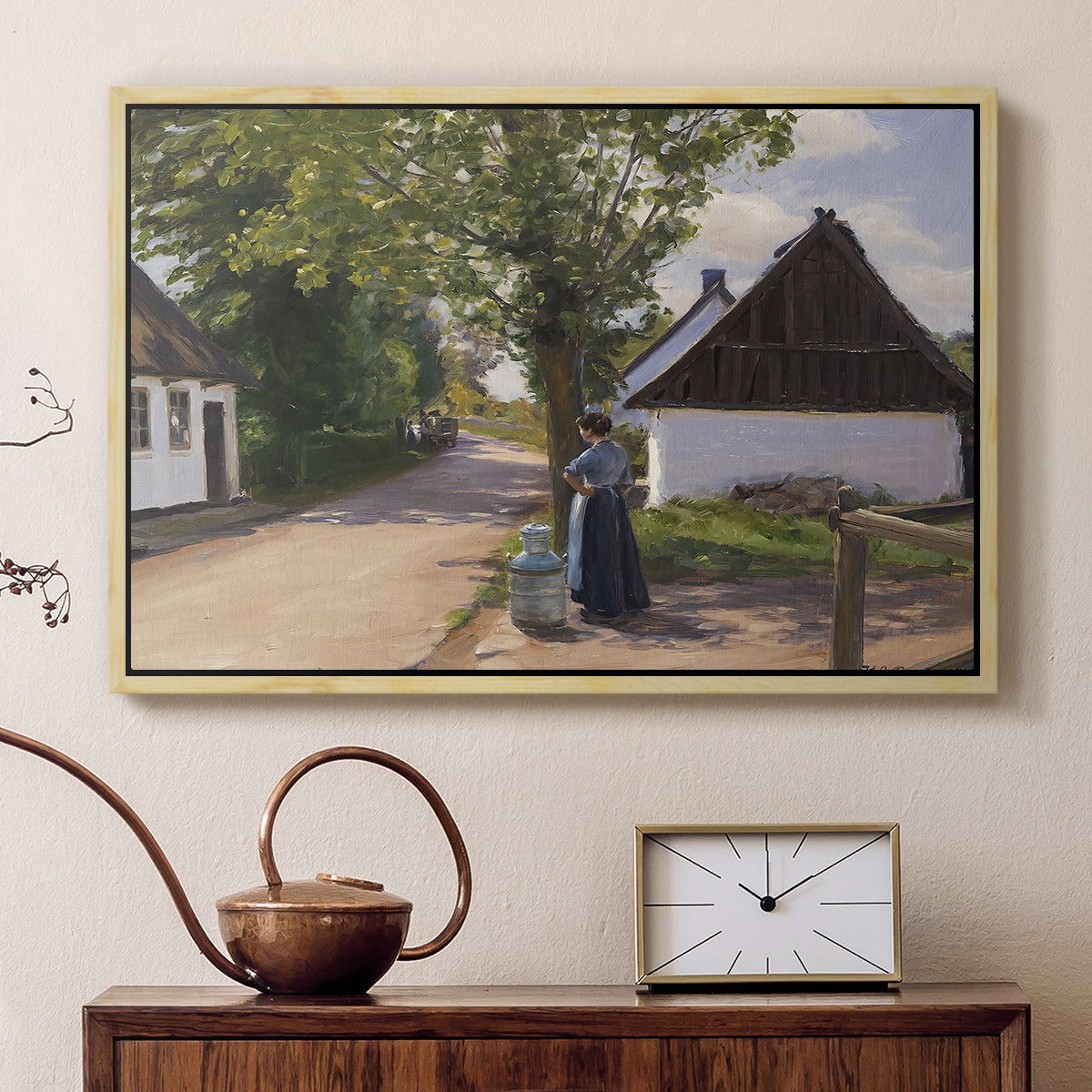 Danish Village Street with Woman and Milkman, 1880 - Floater Framed Canvas Print