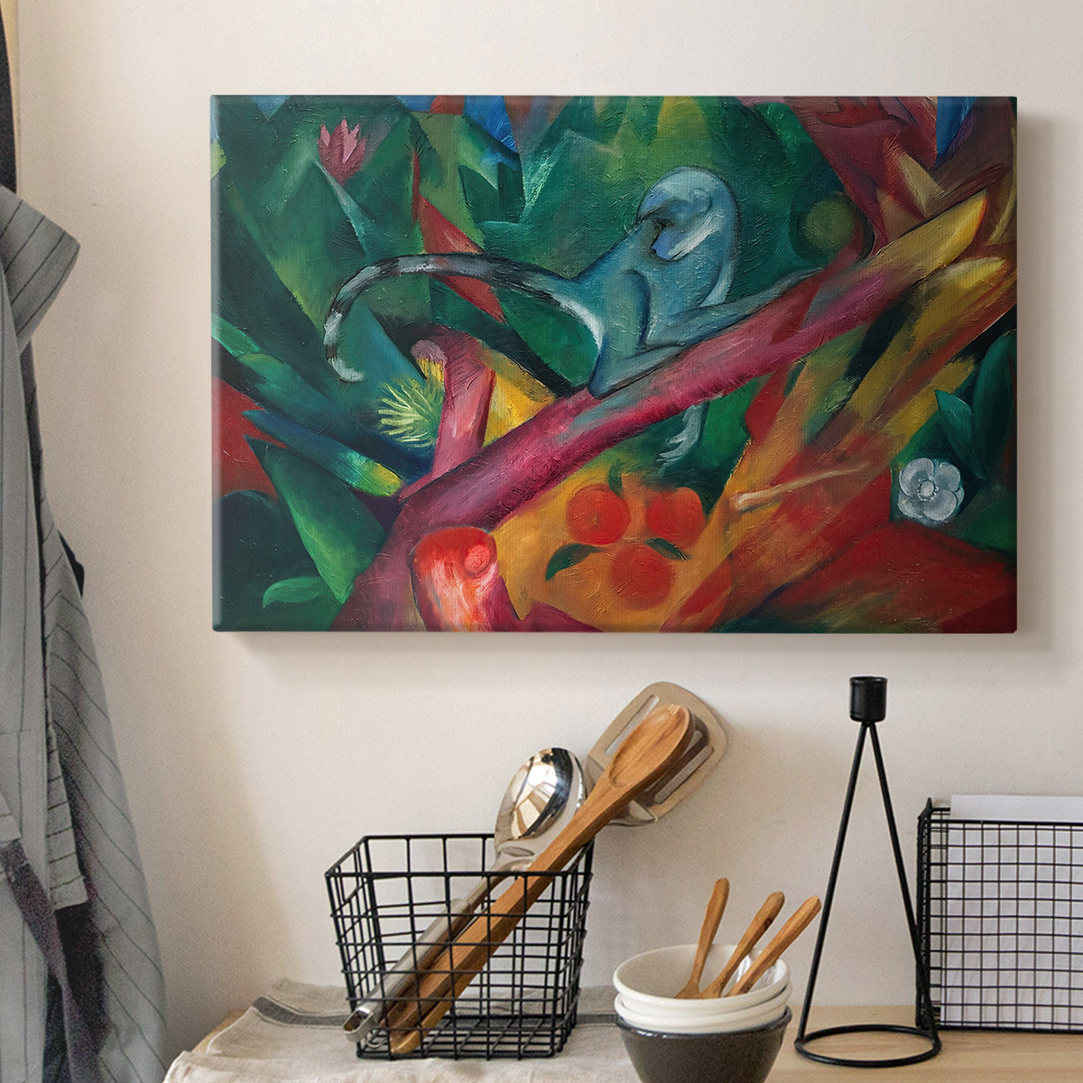 Canvas art print detailing a modernist animal figure with fragmented composition, displayed in a softly lit workspace setting