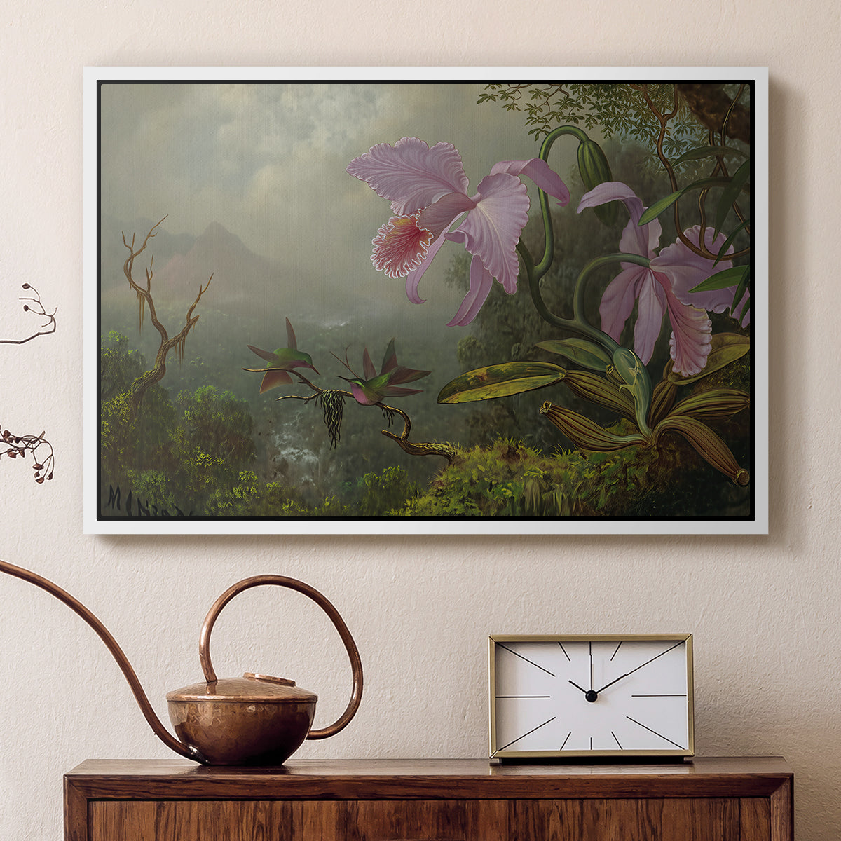 Two Sun Angel Hummingbirds on a Branch, c. 1890-1904 - Floater Framed Canvas Print