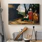Canvas art print detailing a classical composition of thinkers gathered in outdoor environment, displayed in a softly lit workspace setting