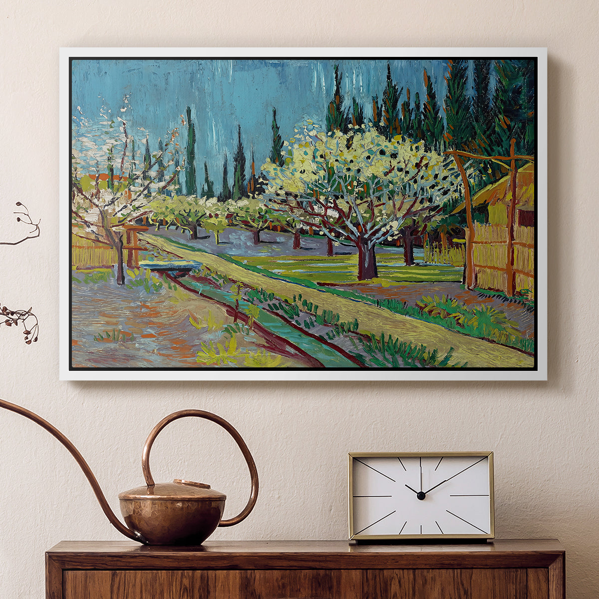 Orchard in Blossom, Bordered by Cypresses, 1888 - Floater Framed Canvas Print