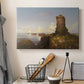 Canvas art print detailing a scenic coastal view, displayed in a softly lit workspace setting