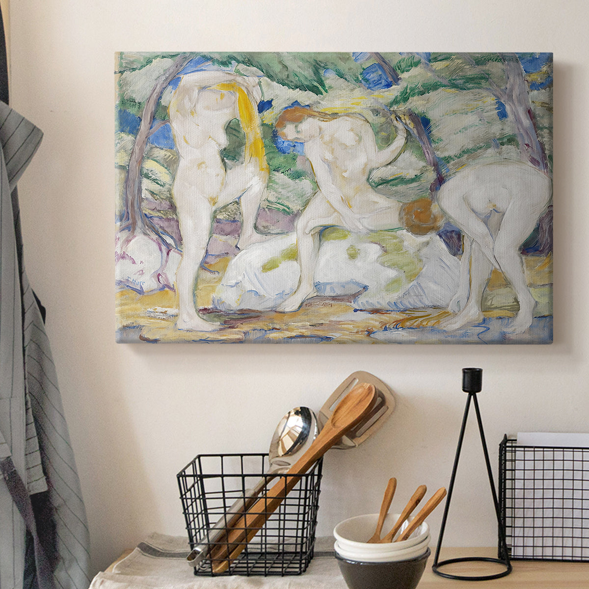 Canvas art print detailing an abstract composition of human figures within vibrant environment, displayed in a softly lit workspace setting