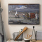 Canvas art print detailing a stylized rural setting with strong color contrasts, displayed in a softly lit workspace setting