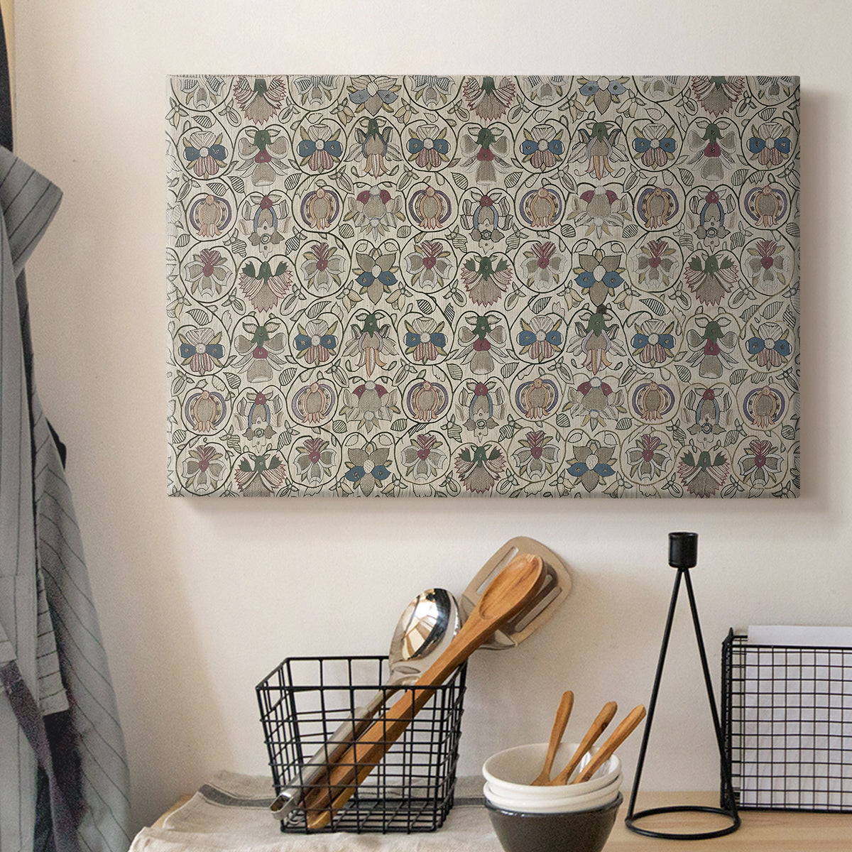 Canvas art print detailing an elongated surface filled with structured ornamental pattern, displayed in a softly lit workspace setting