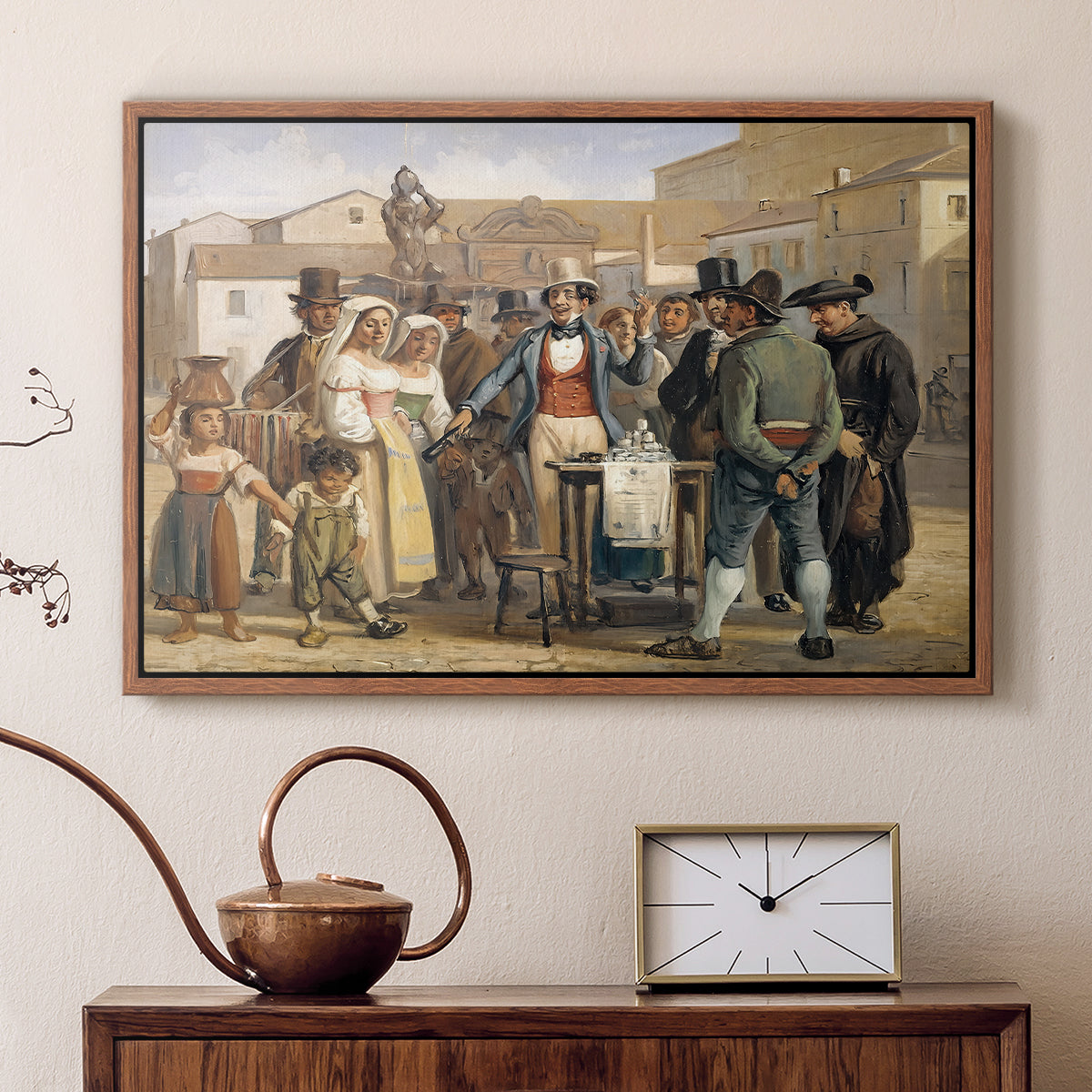 A Charlatan Selling Blacking in the Piazza Barberini in Rome, c. 1840-1849 - Floater Framed Canvas Print