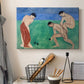 Canvas art print detailing a Fauvist composition of bowl players in a landscape, displayed in a softly lit workspace setting