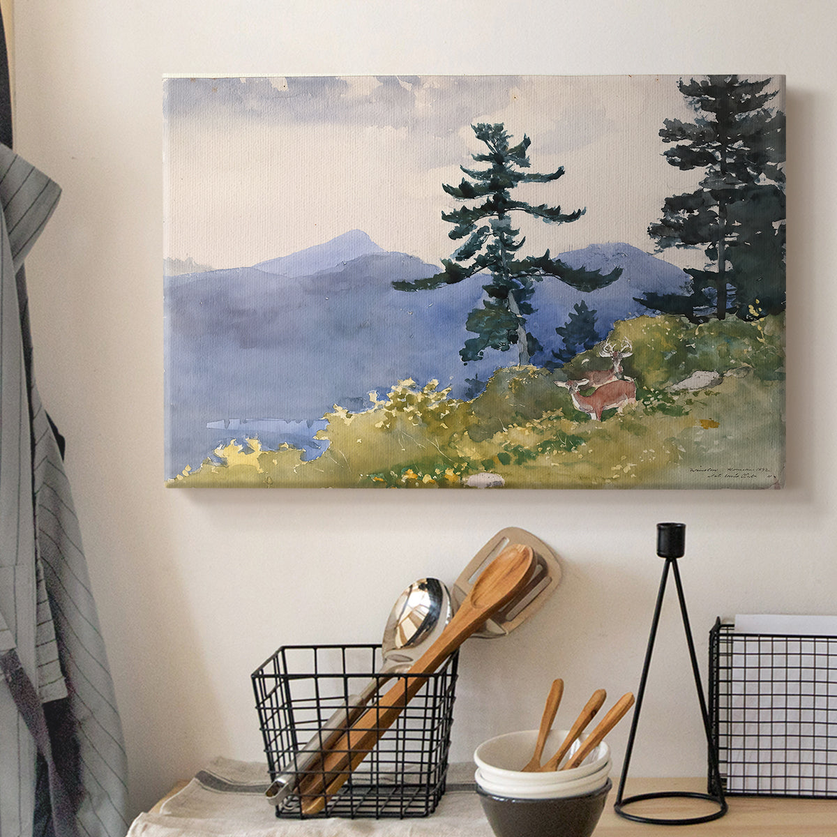 Canvas art print detailing a natural composition with trees and subtle human presence, displayed in a softly lit workspace setting