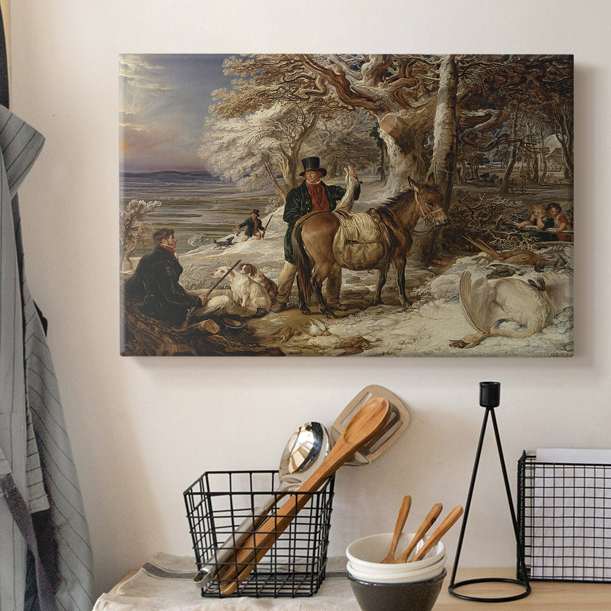 Canvas art print detailing a countryside scene capturing aftermath of hunt, displayed in a softly lit workspace setting