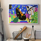 Canvas art print detailing a stylized composition of human forms, displayed in a softly lit workspace setting
