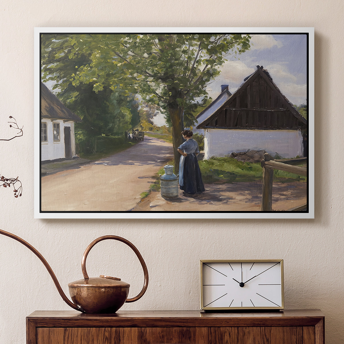 Danish Village Street with Woman and Milkman, 1880 - Floater Framed Canvas Print