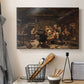 Canvas art print detailing a realistic interior with figures gathered around a hunter displaying his catch, displayed in a softly lit workspace setting