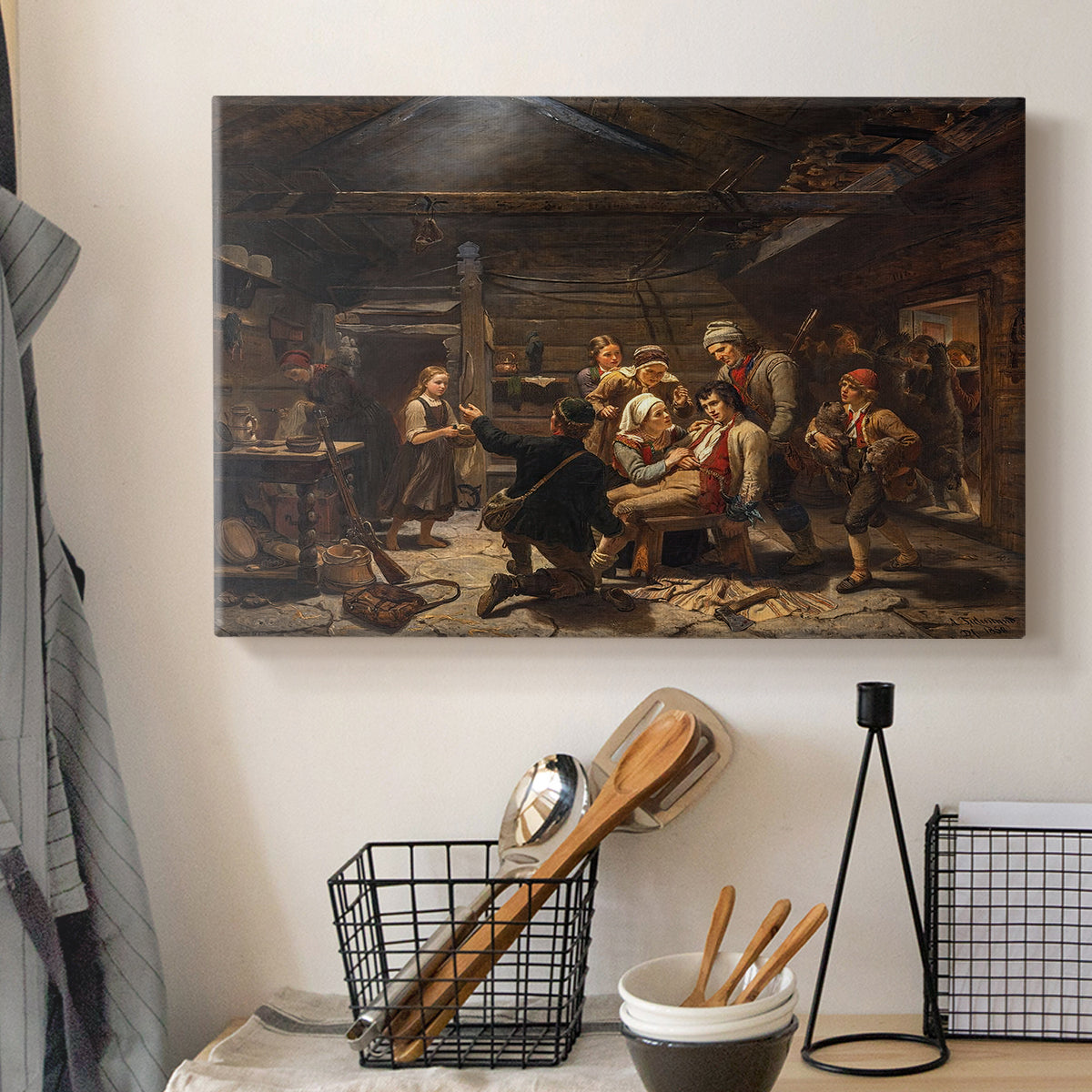 Canvas art print detailing a realistic interior with figures gathered around a hunter displaying his catch, displayed in a softly lit workspace setting