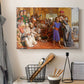 Canvas art print detailing a detailed scene with figures arranged in tiers within temple space, displayed in a softly lit workspace setting