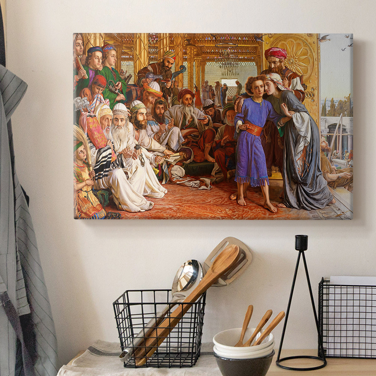 Canvas art print detailing a detailed scene with figures arranged in tiers within temple space, displayed in a softly lit workspace setting