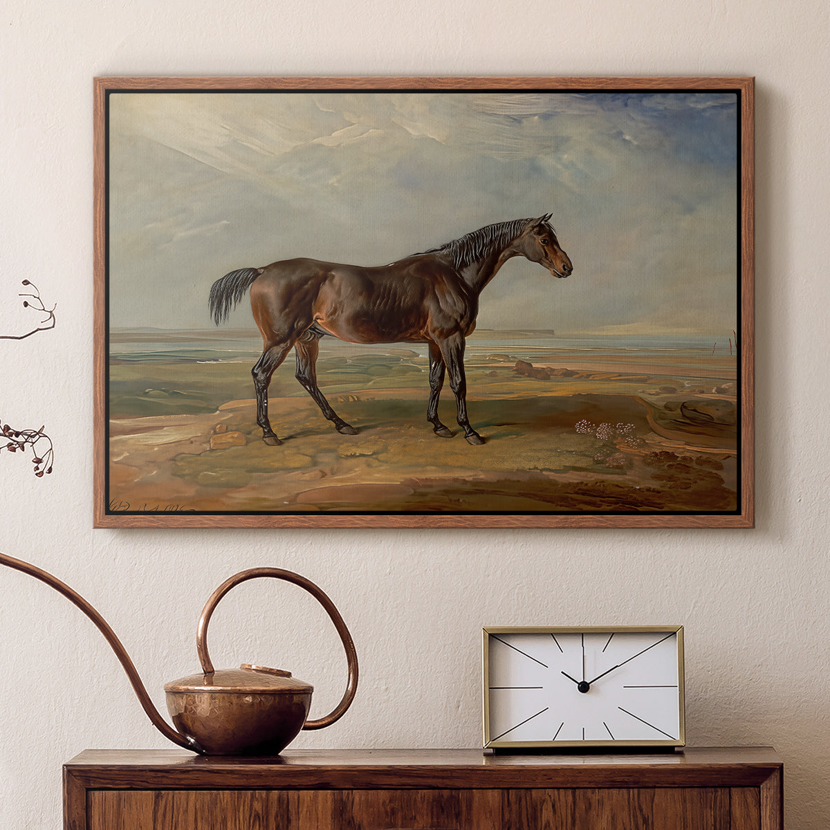 Dr. Syntax, a Bay Racehorse, Standing in a Coastal Landscape, an Estuary Beyond, c. 1820 - Floater Framed Canvas Print