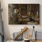 Canvas art print detailing an expressive composition featuring figures in elaborate setting, displayed in a softly lit workspace setting