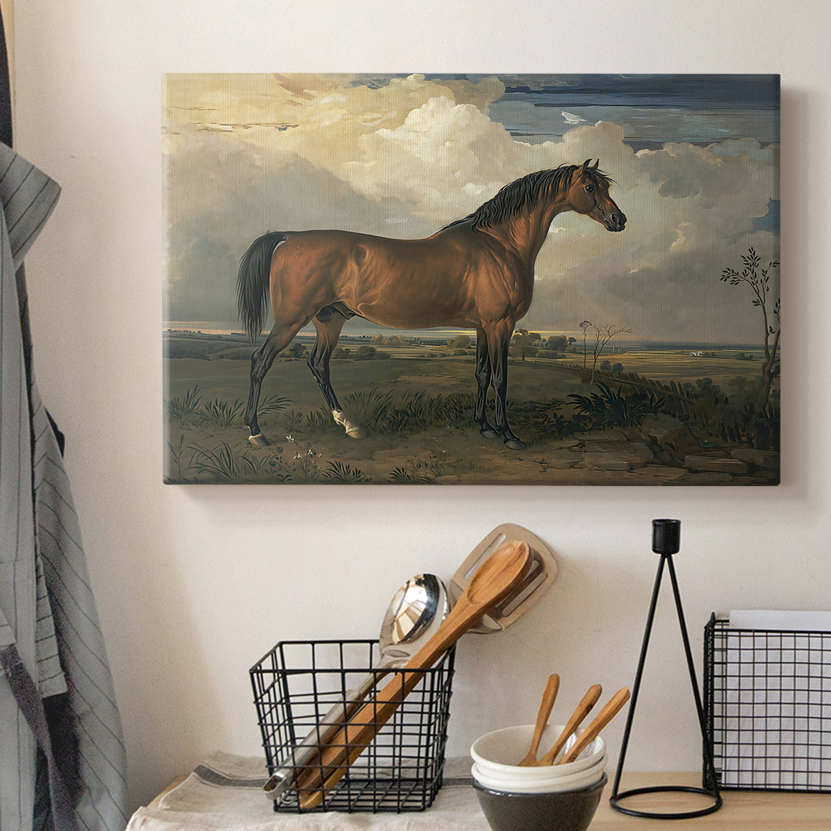 Canvas art print detailing an animal study of stallion in outdoor setting, displayed in a softly lit workspace setting