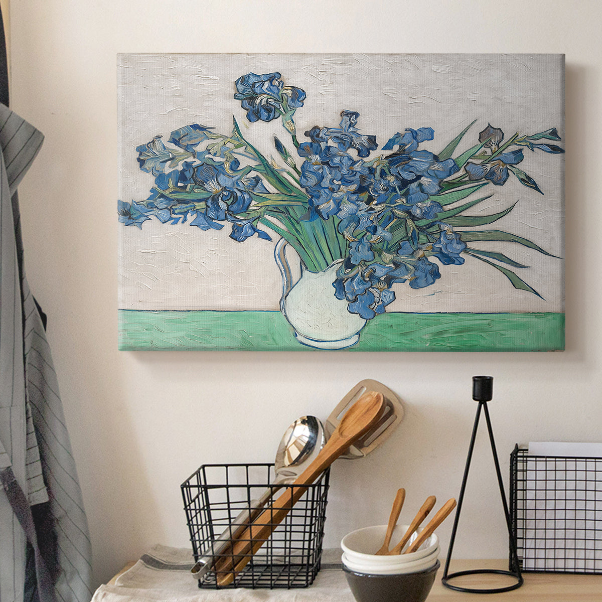 Canvas art print detailing a stylized botanical composition with texture, displayed in a softly lit workspace setting