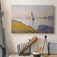 Canvas art print detailing a maritime stillness, displayed in a softly lit workspace setting