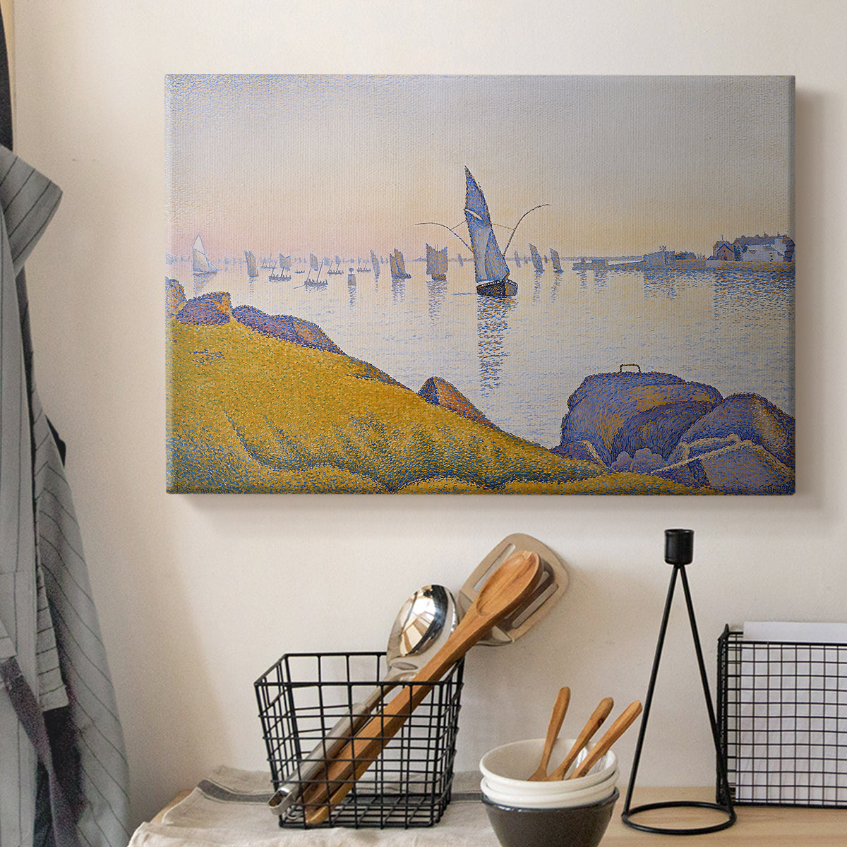 Canvas art print detailing a maritime stillness, displayed in a softly lit workspace setting