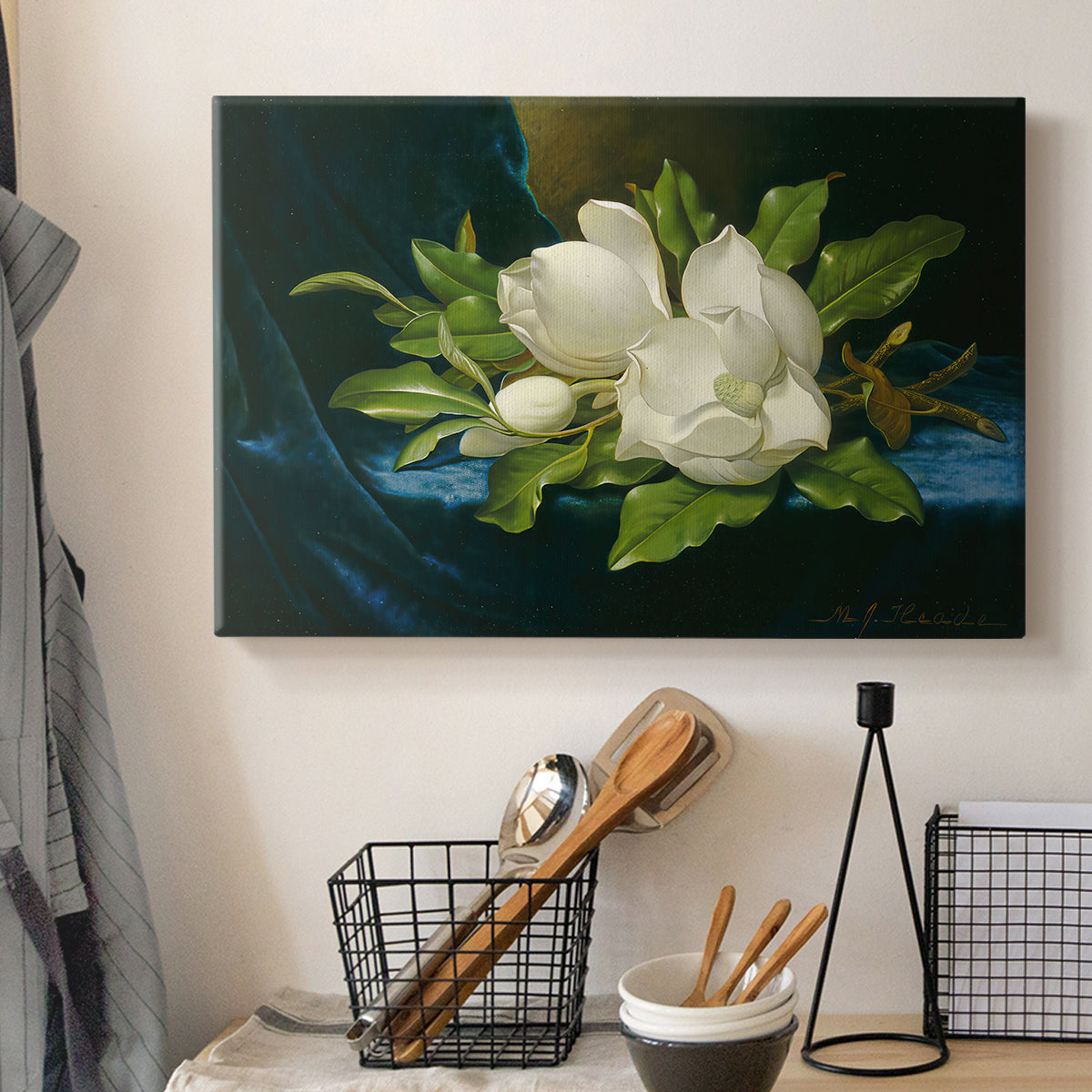 Canvas art print detailing a luminist still life highlighting flowers, displayed in a softly lit workspace setting