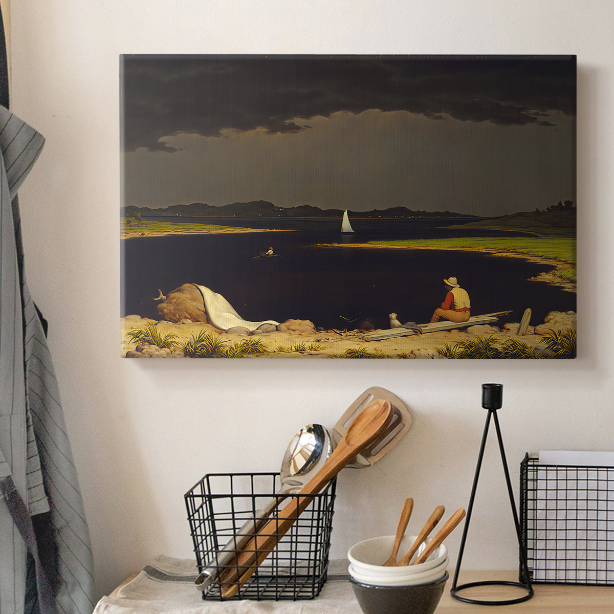 Canvas art print detailing a natural scene capturing changing weather, displayed in a softly lit workspace setting