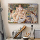 Canvas art print detailing women bathing in nature surrounded by trees and soft light, displayed in a softly lit workspace setting