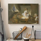 Canvas art print detailing a narrative composition with figures in intimate interior, displayed in a softly lit workspace setting