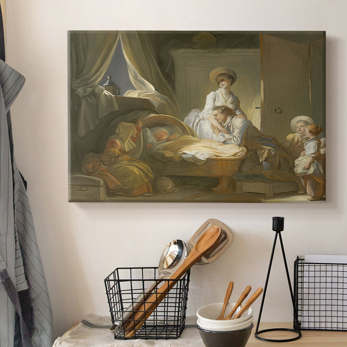 Canvas art print detailing a narrative composition with figures in intimate interior, displayed in a softly lit workspace setting