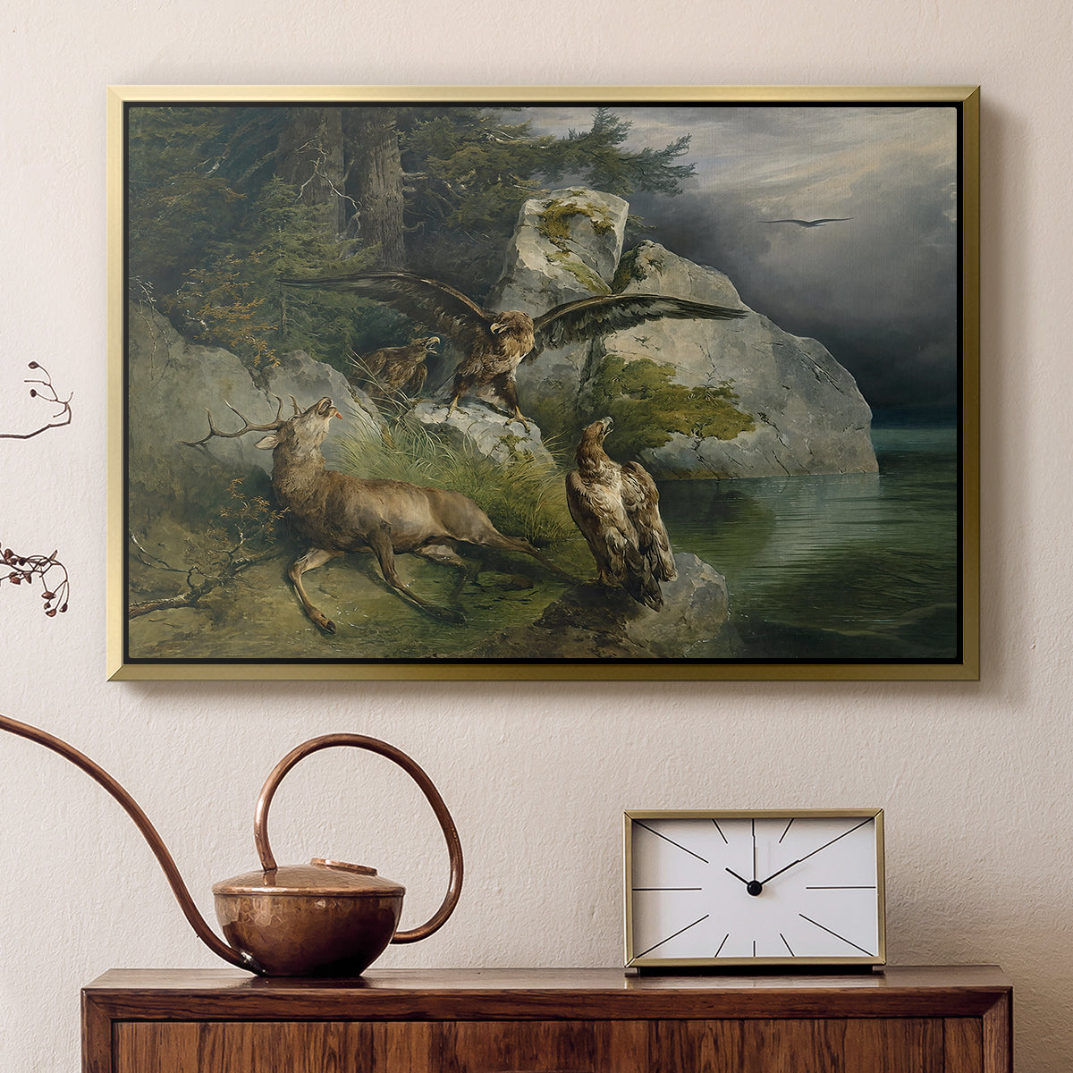 Eagles and Dying Stag on a Lakeshore, 1836 - Floater Framed Canvas Print