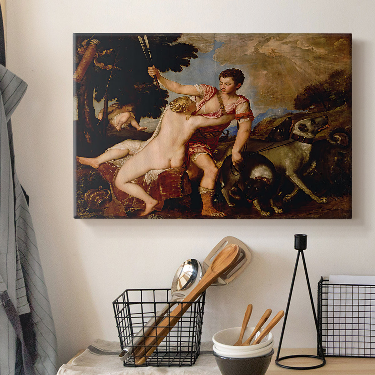 Canvas art print detailing a classical narrative moment showing lovers parting in landscape, displayed in a softly lit workspace setting