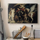 Canvas art print detailing a classical depiction of mythological rescue, displayed in a softly lit workspace setting