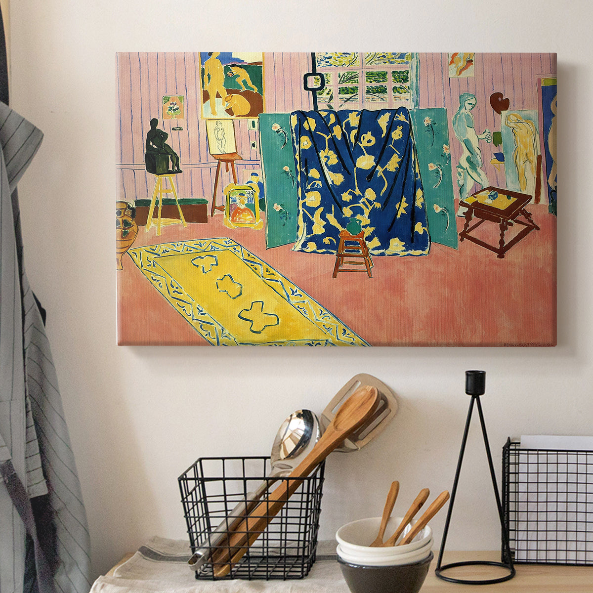 Canvas art print detailing a stylized studio composition, displayed in a softly lit workspace setting