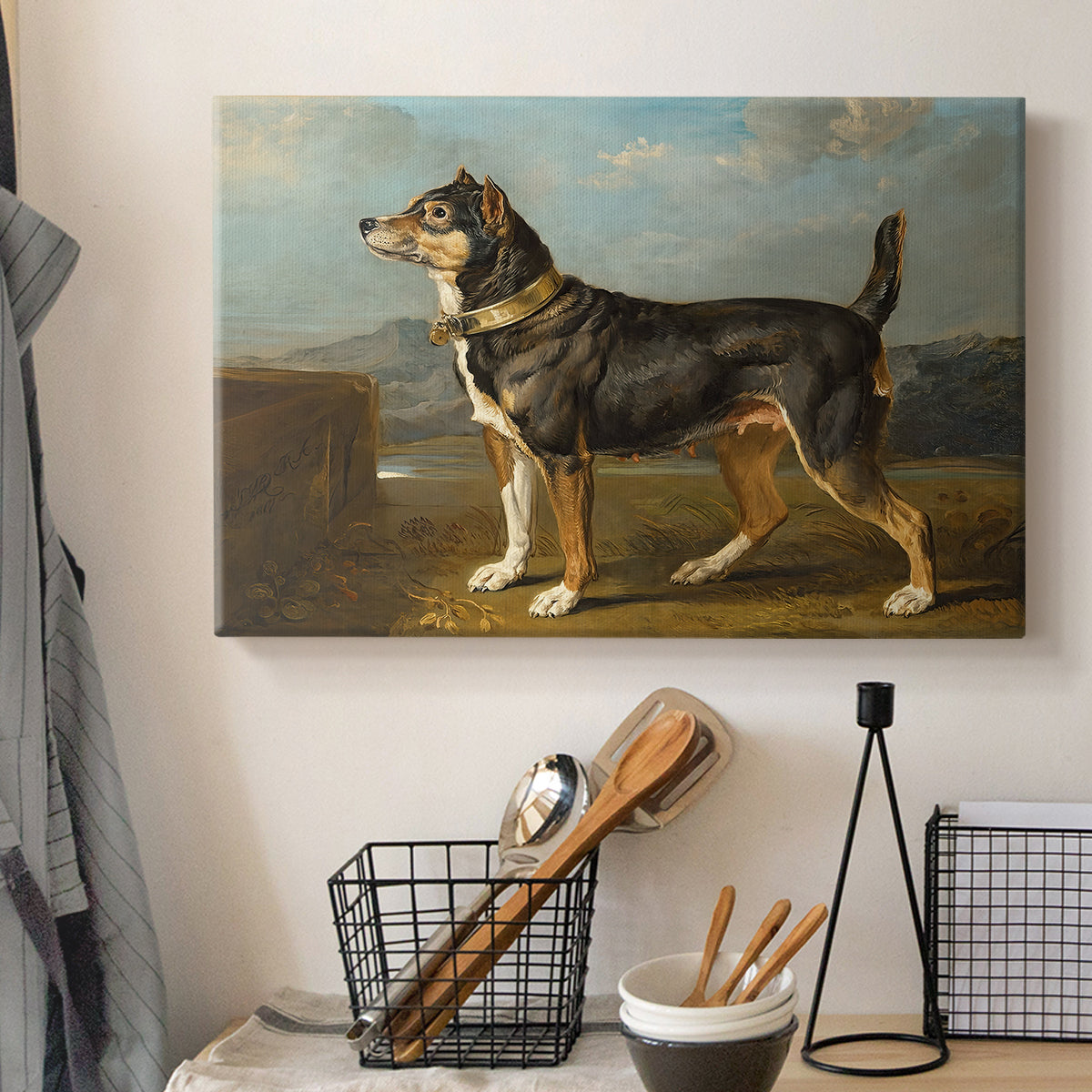 Canvas art print detailing a detailed depiction of dog in outdoor setting, displayed in a softly lit workspace setting