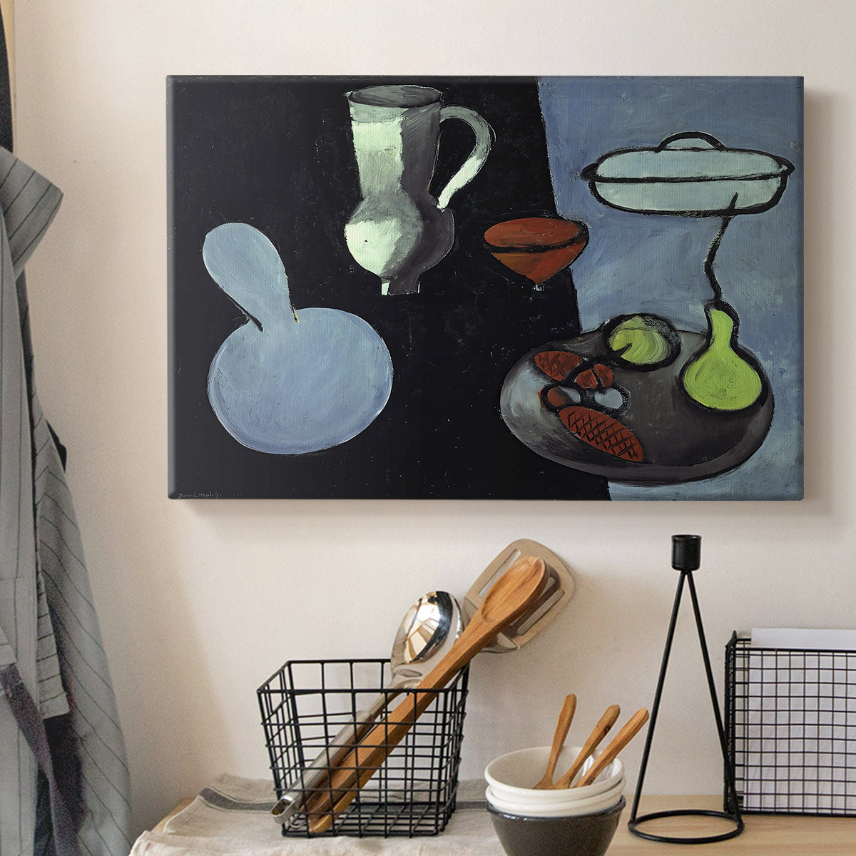Canvas art print detailing a stylized still life featuring gourds, displayed in a softly lit workspace setting