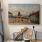 Canvas art print detailing a calm outskirts setting blending structures and nature, displayed in a softly lit workspace setting