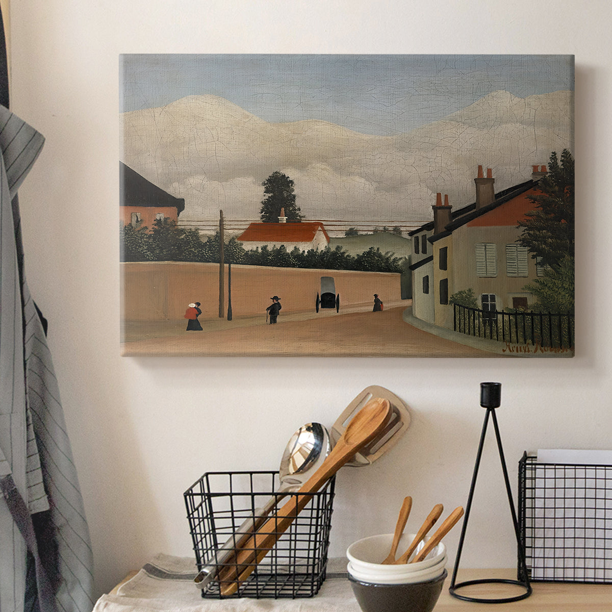 Canvas art print detailing a calm outskirts setting blending structures and nature, displayed in a softly lit workspace setting