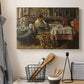 Canvas art print detailing an everyday life scene centered around communal meal, displayed in a softly lit workspace setting