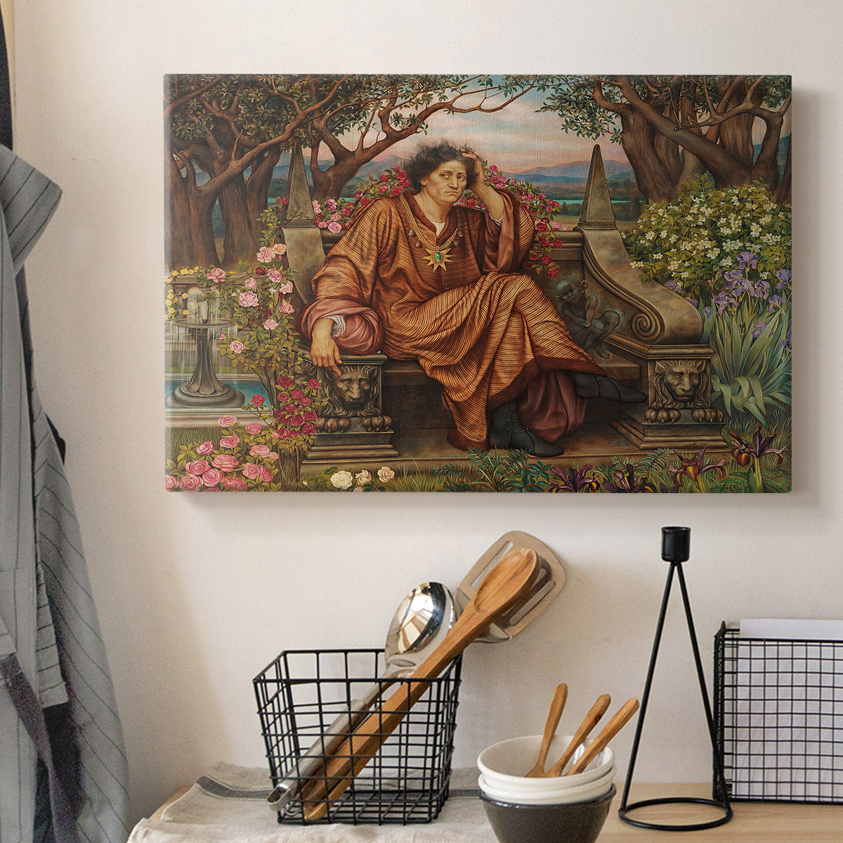 Canvas art print detailing an emotional scene representing torment and spiritual struggle, displayed in a softly lit workspace setting