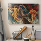 Canvas art print detailing a symbolic scene of airborne figures in chaotic movement, displayed in a softly lit workspace setting