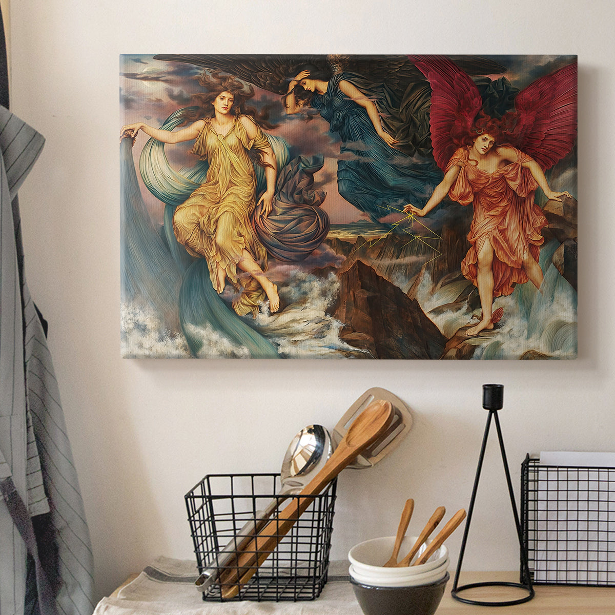 Canvas art print detailing a symbolic scene of airborne figures in chaotic movement, displayed in a softly lit workspace setting