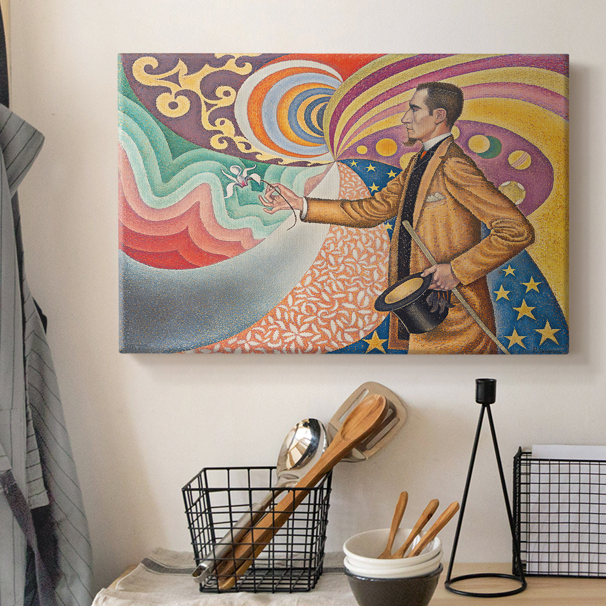 Canvas art print detailing a graphic portrait composition, displayed in a softly lit workspace setting