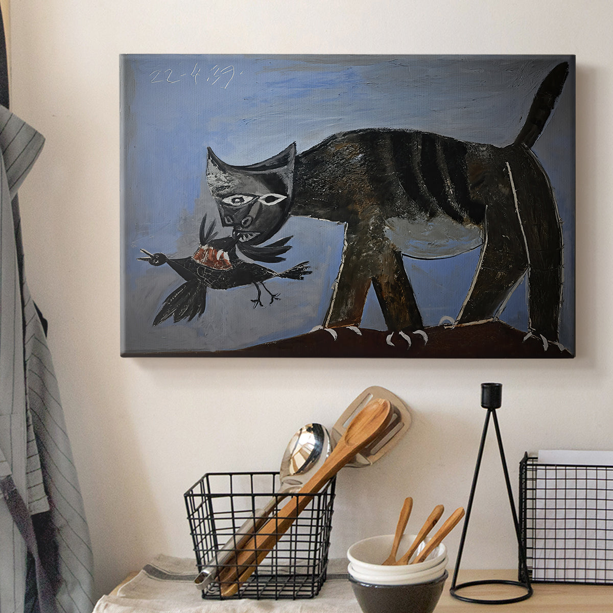 Canvas art print detailing a cubist depiction of motion, displayed in a softly lit workspace setting