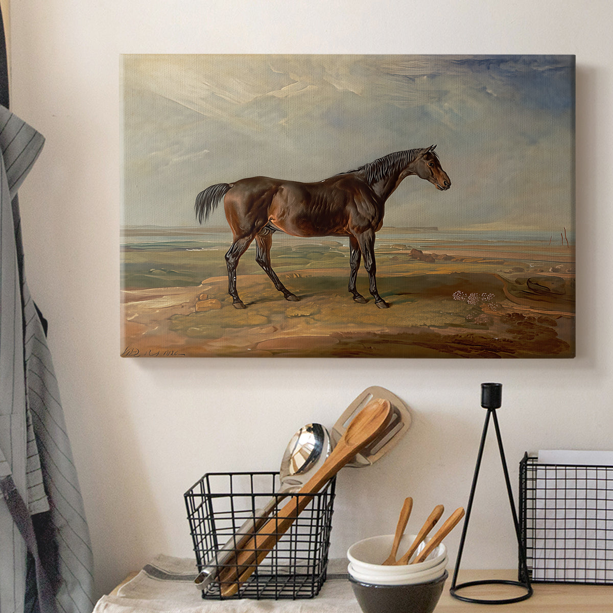 Canvas art print detailing an animal study of racehorse with coastal setting, displayed in a softly lit workspace setting