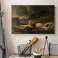 Canvas art print detailing a narrative landscape with solitary figure and muted tones, displayed in a softly lit workspace setting